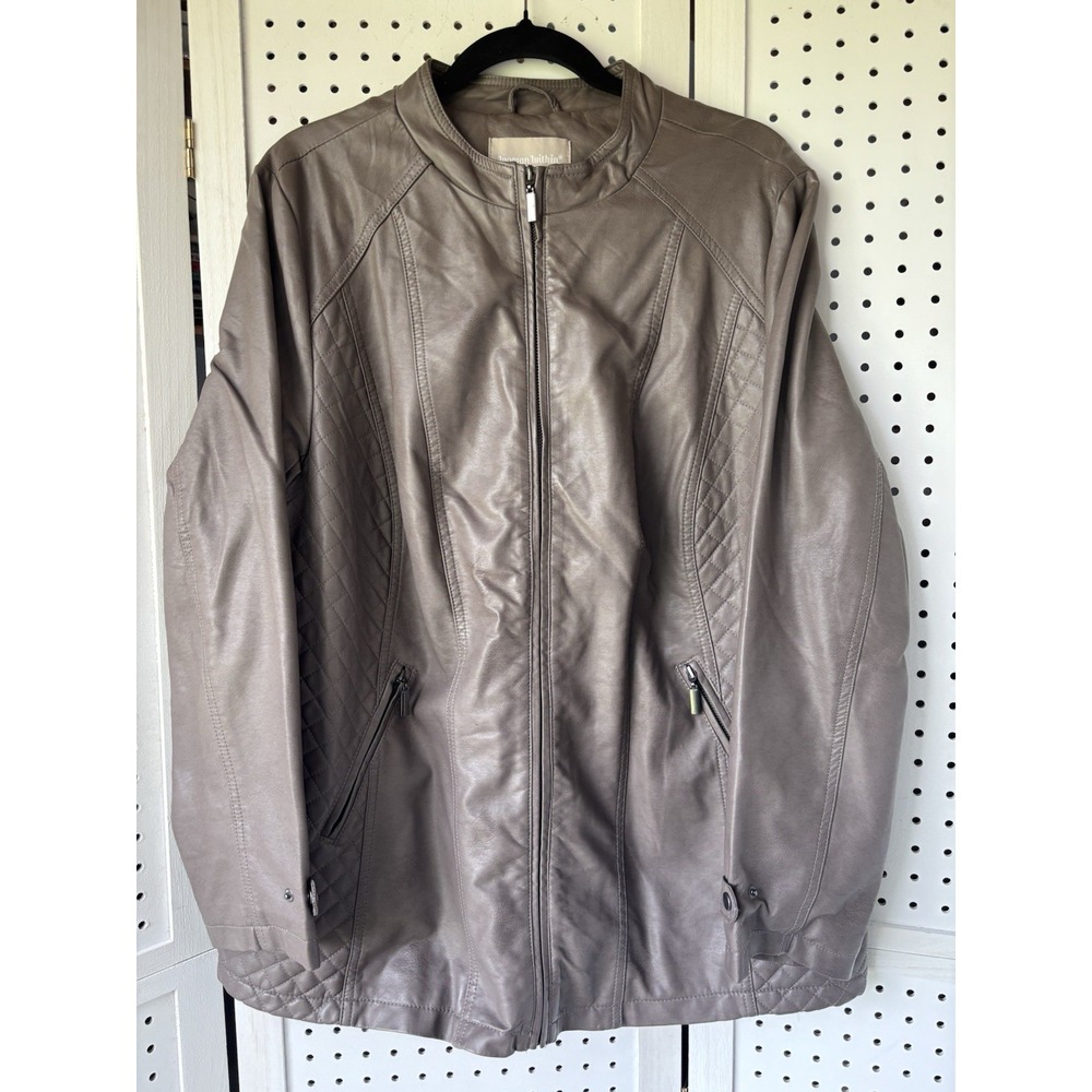 Woman Within Womens 18W Plus Jacket Taupe Beige Faux Leather Zip Long Sleeve